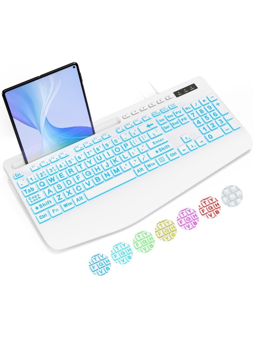 Large Print Backlit Computer Keyboard with Wrist Rest & Phone Holder - 7 Colors